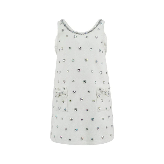 White Crystal Heart Denim Bow Dress, 3