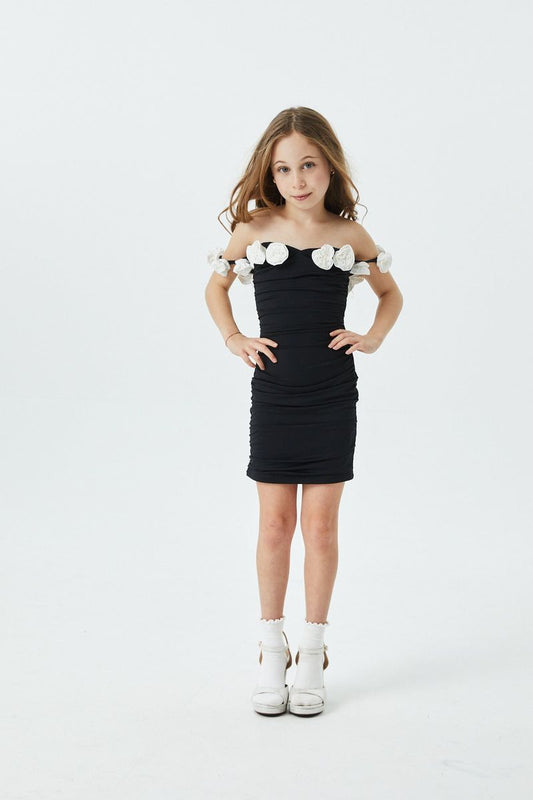 THEME - BG - CAMERON OFF THE SHOULDER MINI DRESS - BLACK WITH WHITE ROSES