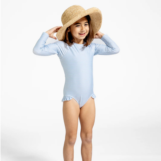 MINNOW - BG - GIRLS POWDER BLUE STRIPE RASHGUARD ONE PIECE - POWDER BLUE