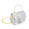 Quilted Pearl Handle Bow Ribbon Handbag Silver
