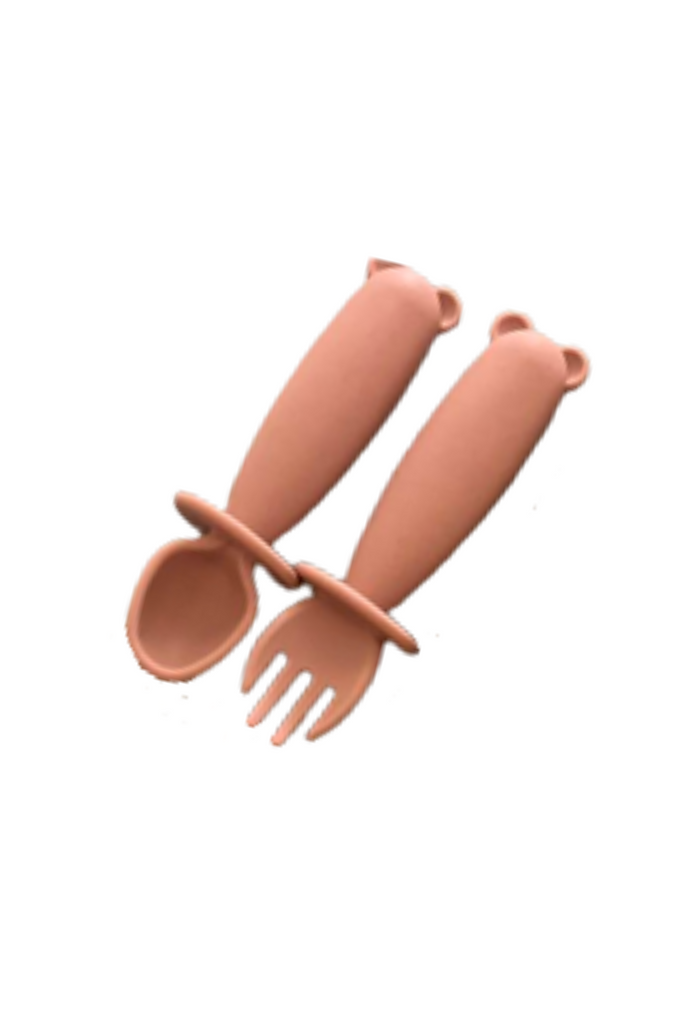 Silicone Fork and Spoon Teether Set - Misty Rose