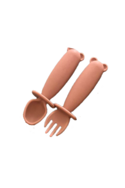 Silicone Fork and Spoon Teether Set - Misty Rose
