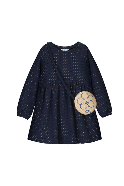 Fleece Dress Navy Gold Polka Dot