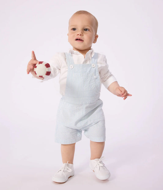 PETIT BATEAU - BBY - BABY BOY SEERSUCKER STRIPE SHORT OVERALL - WHITE BLUE