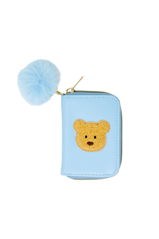 Teddy Pom Pom Zip Wallet: Blue