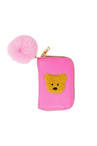 Teddy Pom Pom Zip Wallet: Hot Pink