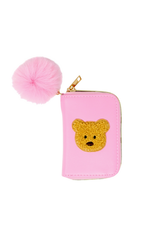 Teddy Pom Pom Zip Wallet: Pink