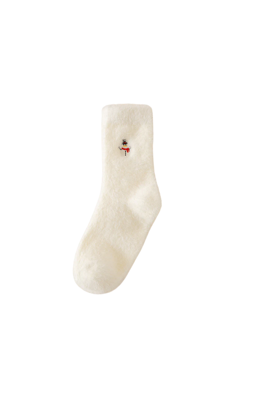 Little Trendy - Christmas Velvet Embroidered Socks- Snowman - White