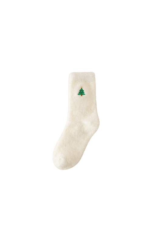 Little Trendy - Christmas Velvet Embroidered Socks- Christmas Tree - White