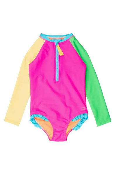 Ruffle Butts - Neon Color Block Long Sleeve Rash Guard One Piece