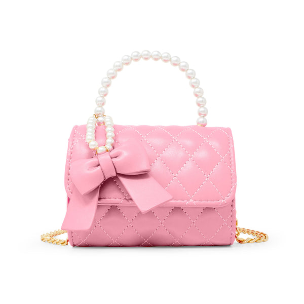Quilted Pearl Handle Bow Ribbon Handbag Pink