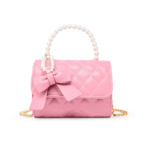 Quilted Pearl Handle Bow Ribbon Handbag Pink