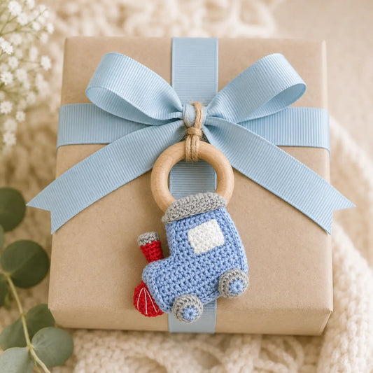 PETIT AMI & ZUBELS - T&B - TRAIN BAMBOO CROCHET WOODRING RATTLE - BLUE