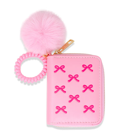 3D Bow Pom Pom Zip Wallet: Pink