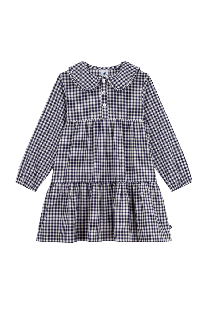 Petit Bateau - L/S Check Dress w/Collar Navy/White