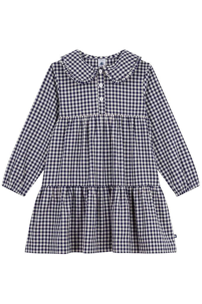 Petit Bateau - L/S Check Dress w/Collar Navy/White