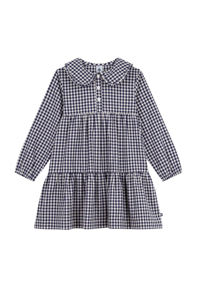Petit Bateau - L/S Check Dress w/Collar Navy/White