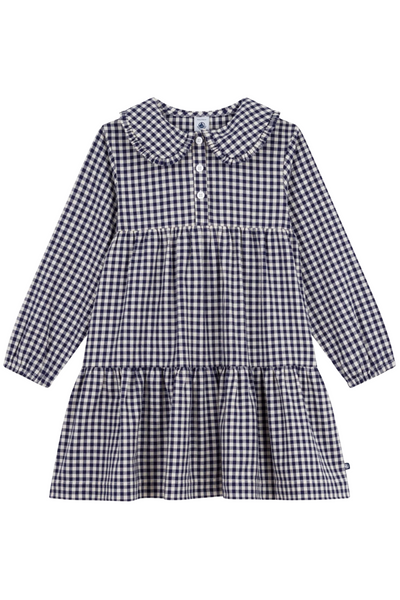 Petit Bateau - L/S Check Dress w/Collar Navy/White