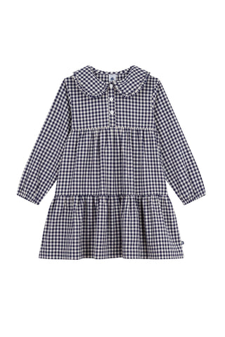 Petit Bateau - L/S Check Dress w/Collar Navy/White