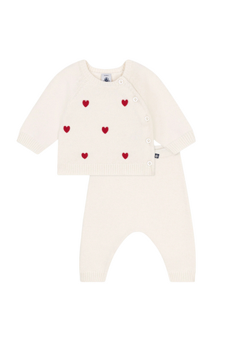 Petit Bateau - White and Red Hearts 2PC Knit Baby Sweater and Pants Set