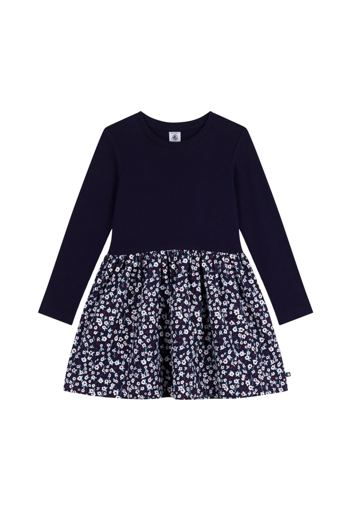 Petit Bateau - L/S Solid Top Floral Bottom Dress