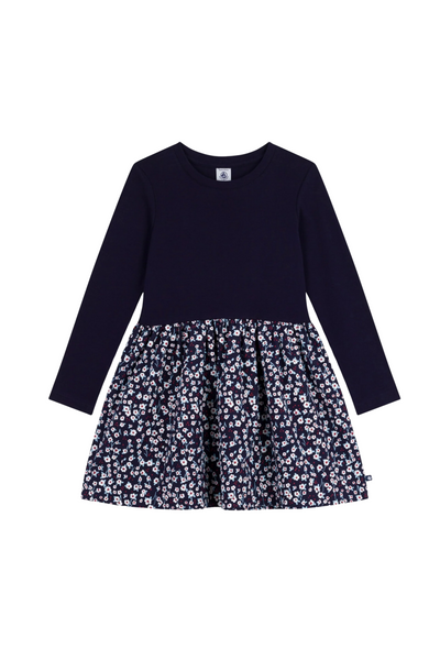 Petit Bateau - L/S Solid Top Floral Bottom Dress