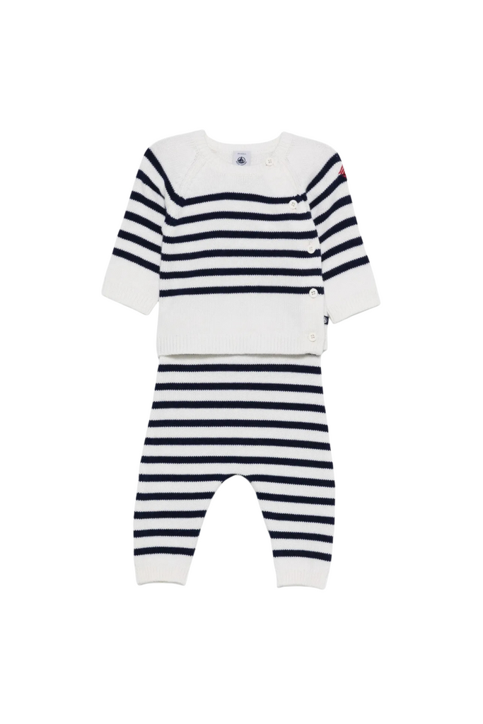 Petit Bateau - White and Navy 2PC Knit Baby Sweater and Pants Set