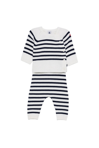 Petit Bateau - White and Navy 2PC Knit Baby Sweater and Pants Set