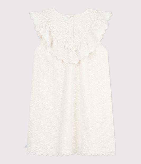 PETIT BATEAU - TG - GIRL SLEEVELESS EYELET DRESS WITH RUFFLES - WHITE