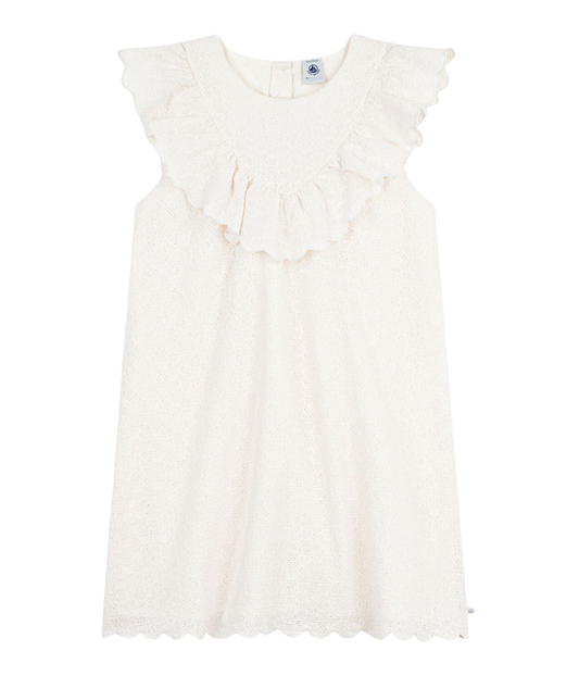 PETIT BATEAU - TG - GIRL SLEEVELESS EYELET DRESS WITH RUFFLES - WHITE