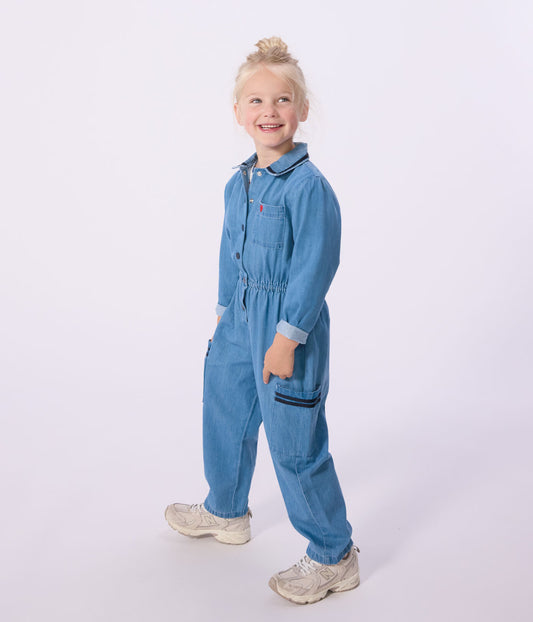 PETIT BATEAU - TG - GIRL LS DENIM ROMPER - BLUE