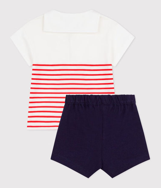 PETIT BATEAU - BBY - BABY BOY 2PC SET SS STRIPE SAILOR TEE AND SHORTS - WHITE/MULTI