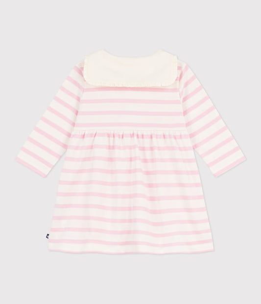 PETIT BATEAU - TG- BABY GIRL LS STRIPE DRESS WITH SAILOR COLLAR - CREAM/PINK