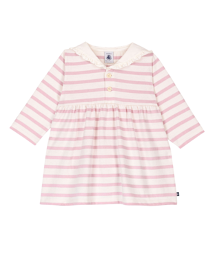 PETIT BATEAU - TG- BABY GIRL LS STRIPE DRESS WITH SAILOR COLLAR - CREAM/PINK
