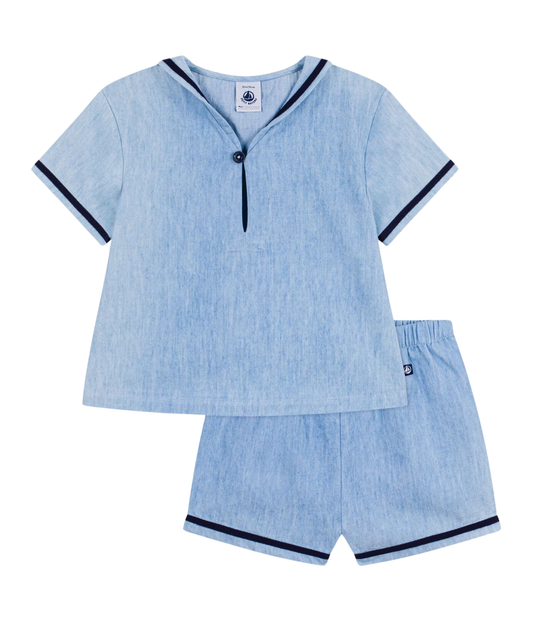 PETIT BATEAU - BBY - BABY BOY 2PC SET CHAMBRAY SS SAILOR TEE AND SHORTS - BLUE