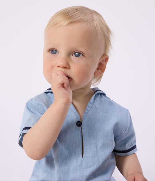 PETIT BATEAU - BBY - BABY BOY 2PC SET CHAMBRAY SS SAILOR TEE AND SHORTS - BLUE