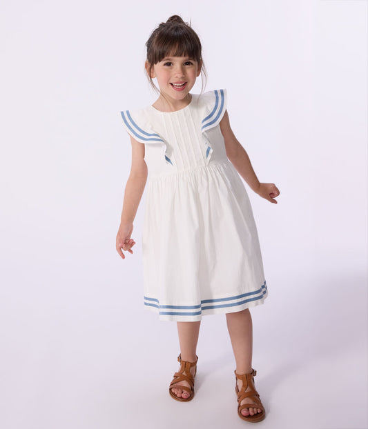 PETIT BATEAU - BG - GIRL SLEEVELESS DRESS WITH RUFFLES - WHITE/BLUE