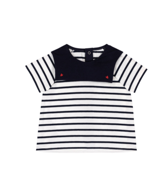 PETIT BATEAU - BBY - BABY GIRL SS STRIPE BLOUSE WITH SAILOR COLLAR - WHITE/NAVY