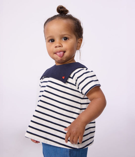 PETIT BATEAU - BBY - BABY GIRL SS STRIPE BLOUSE WITH SAILOR COLLAR - WHITE/NAVY