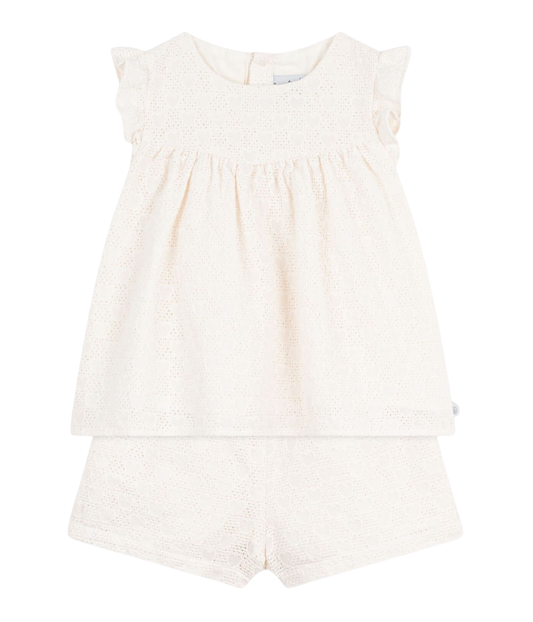 PETIT BATEAU - BBY - BABY GIRL 2PC SET EYELET TOP AND SHORTS - WHITE