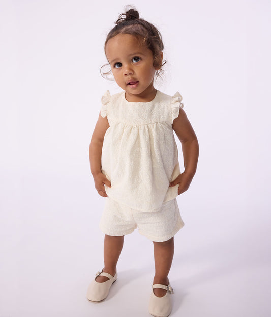 PETIT BATEAU - BBY - BABY GIRL 2PC SET EYELET TOP AND SHORTS - WHITE