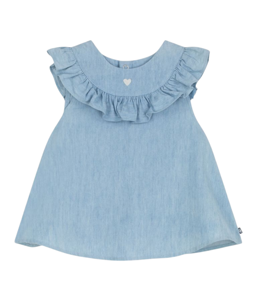 PETIT BATEAU - BBY - BABY GIRL SLEEVELESS CHAMBRAY BLOUSE - WHITE/BLUE