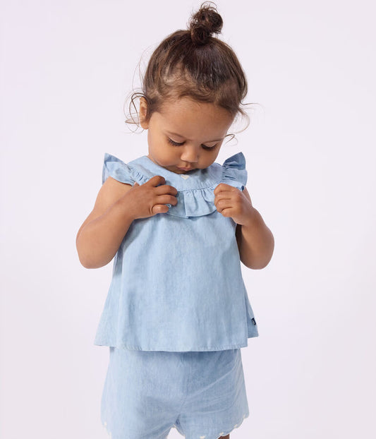 PETIT BATEAU - BBY - BABY GIRL SLEEVELESS CHAMBRAY BLOUSE - WHITE/BLUE