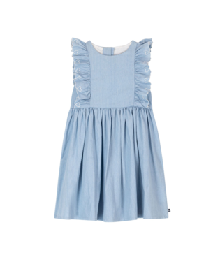 PETIT BATEAU - TG - GIRL SLEEVELESS CHAMBRAY DRESS WITH EMBRO RUFFLES - BLUE