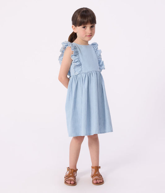 PETIT BATEAU - TG - GIRL SLEEVELESS CHAMBRAY DRESS WITH EMBRO RUFFLES - BLUE