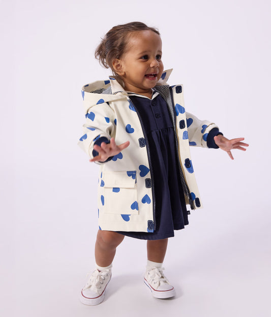 PETIT BATEAU - BBY - BABY GIRL HOODED HEART PRINT RAIN JACKET