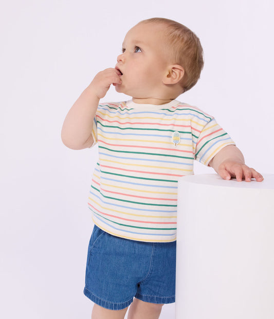 PETIT BATEAU - BBY - BABY BOY SS MULTI STRIPES TEE WITH ICE CREAM BADGE - WHITE MULTI