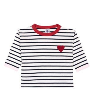 PETIT BATEAU - BBY - BABY GIRL LS STRIPE TEE WITH HEART BADGE - WHITE/NAVY