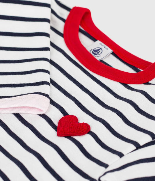 PETIT BATEAU - BBY - BABY GIRL LS STRIPE TEE WITH HEART BADGE - WHITE/NAVY