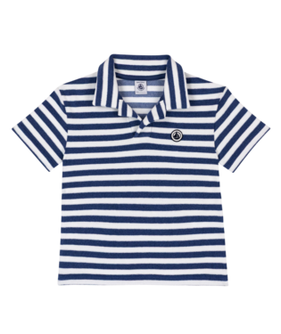 PETIT BATEAU - TB - BOY SS TERRY STRIPE POLO T-SHIRT - WHITE BLUE